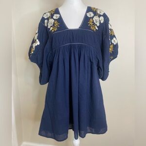 St. Roche Lake Mini Dress-Navy Floral Embroidery Cotton Puff Sleeve Boho Chic S